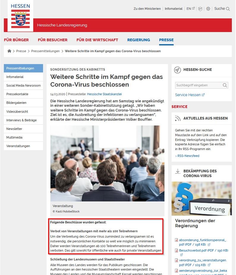 Beschluss der Hessischen Landesregierung zur Absage von Veranstaltungen